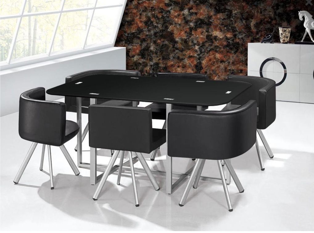 Table et 6 chaises verre noir et pieds métal chromé Mozza - Photo n°2