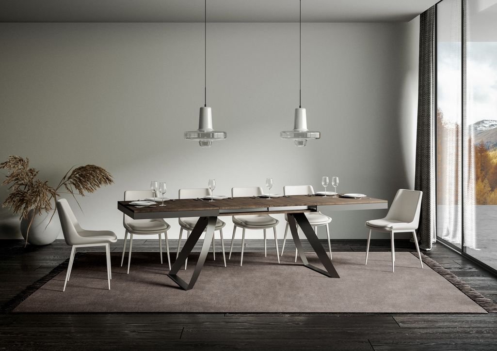 Table extensible design 6 à 20 personnes bois noyer et pieds métal incurvés anthracite L 160 à 420 cm Italika - Photo n°3