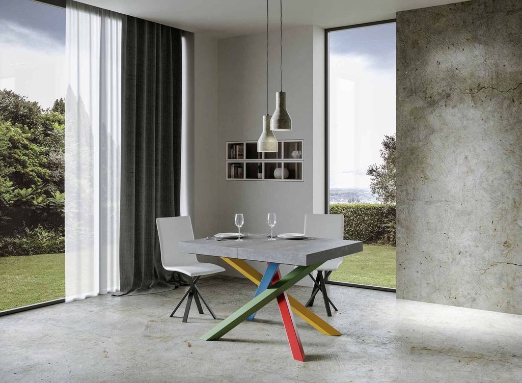 Table extensible design gris ciment et pieds entrelacés multicouleurs L 130 à 234 cm Artemis - Photo n°2
