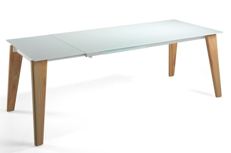 Table extensible plateau verre trempé blanc et pieds bois massif clair Myral - Photo n°1