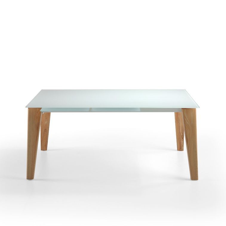 Table extensible plateau verre trempé blanc et pieds bois massif clair Myral - Photo n°4