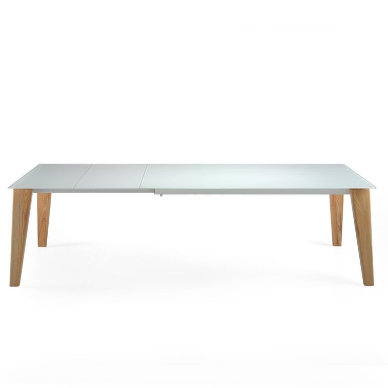 Table extensible plateau verre trempé blanc et pieds bois massif clair Myral - Photo n°3
