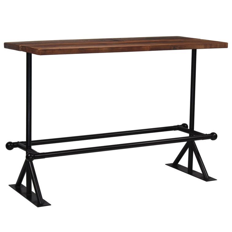 Table haute de bar industriel bois massif foncé et pieds acier noir Vauk 150 - Photo n°1