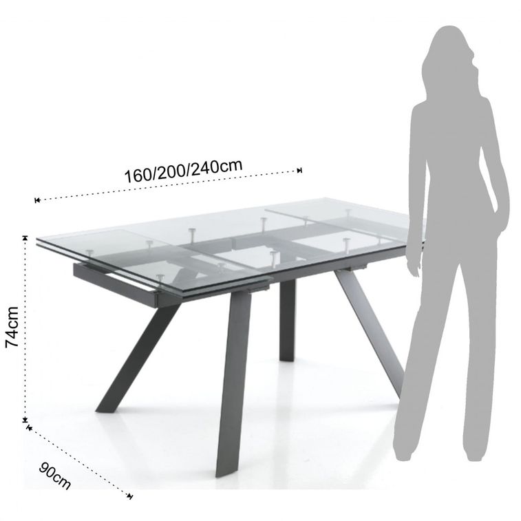 Table rectangle extensible acier gris et verre trempé Ginio L 160/240 cm - Photo n°4