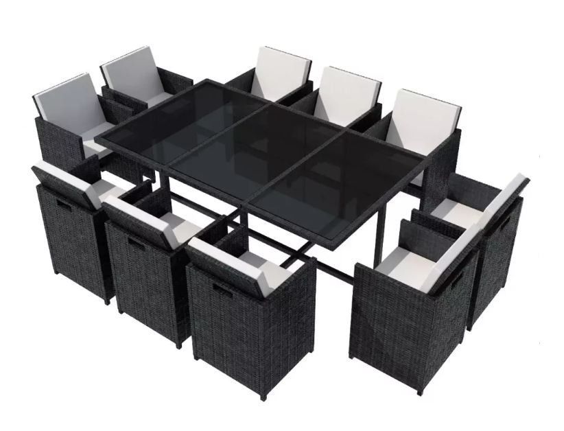 Table rectangulaire et 10 chaises de jardin résine tressée noir Iris 2 - Photo n°1