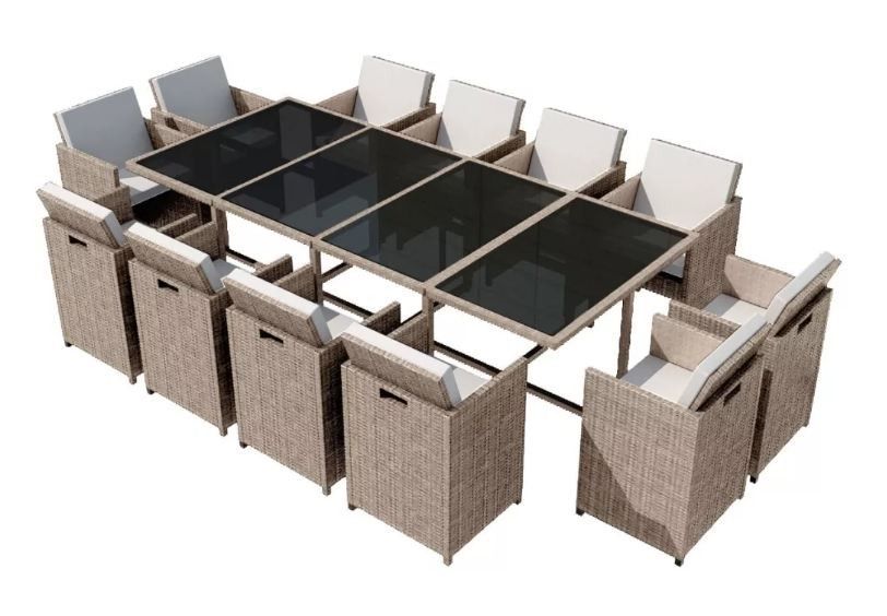 Table rectangulaire et 12 chaises de jardin résine tressée beige Iris - Photo n°1
