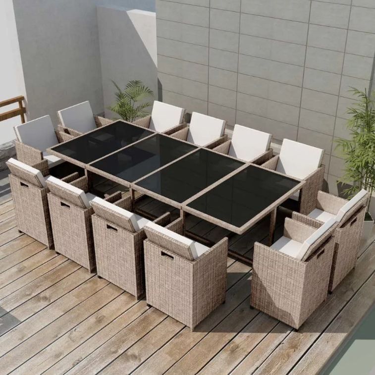 Table rectangulaire et 12 chaises de jardin résine tressée beige Iris - Photo n°2