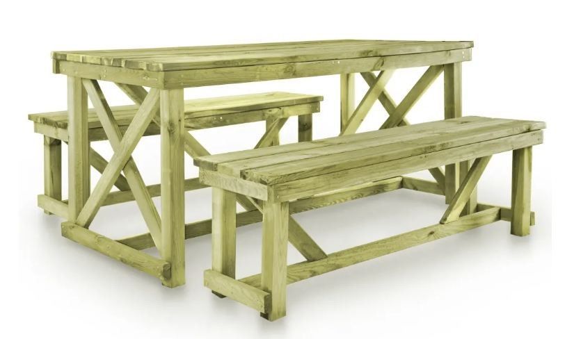 Table rectangulaire et 2 bancs de jardin pin imprégné vert Stylies - Photo n°1