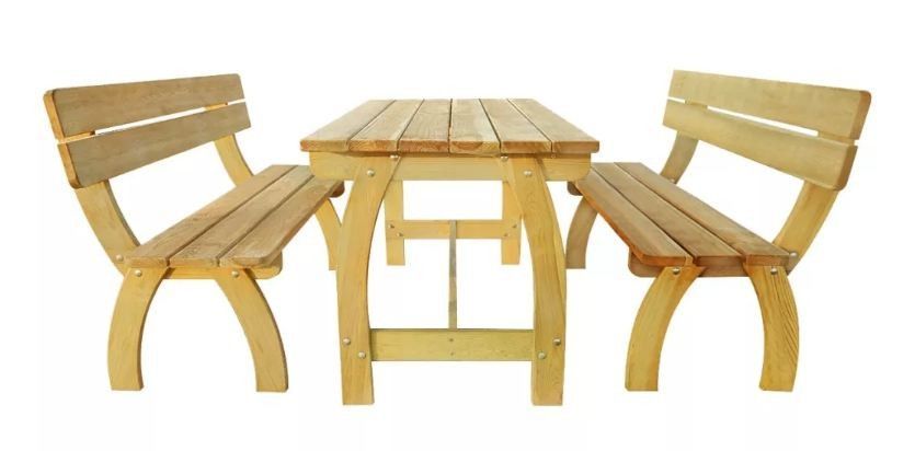 Table rectangulaire et 2 bancs de jardin pin massif clair Stylie - Photo n°2