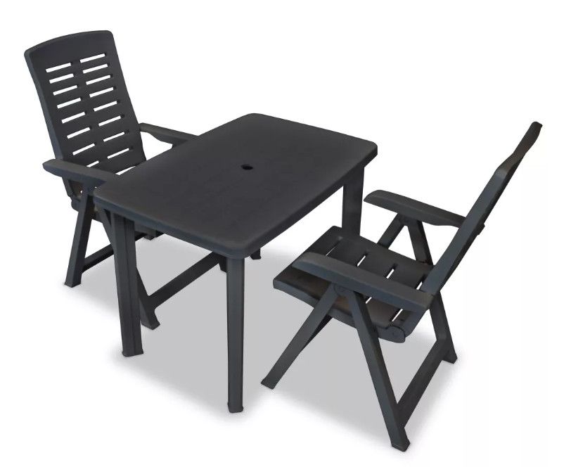 Table rectangulaire et 2 chaises de jardin plastique anthracite Camille - Photo n°1