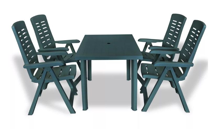Table rectangulaire et 4 chaises de jardin plastique vert Camille - Photo n°1
