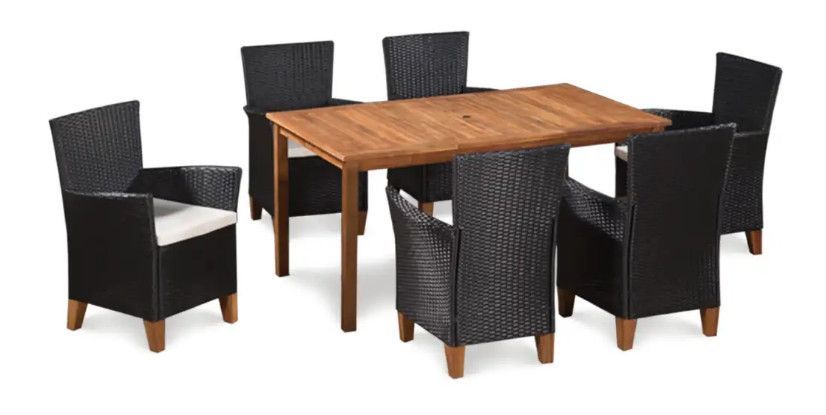Table rectangulaire et 6 chaises de jardin acacia clair et résine tressée Cassia - Photo n°1