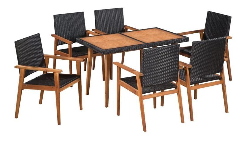 Table rectangulaire et 6 chaises de jardin acacia clair et résine tressée Vidot 120 - Photo n°1