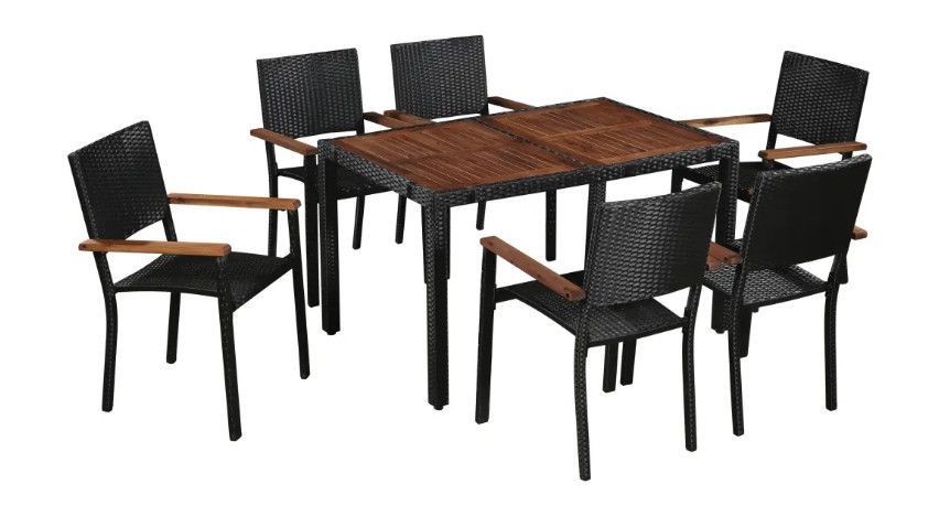 Table rectangulaire et 6 chaises de jardin acacia foncé et résine tressée noir Fly - Photo n°1