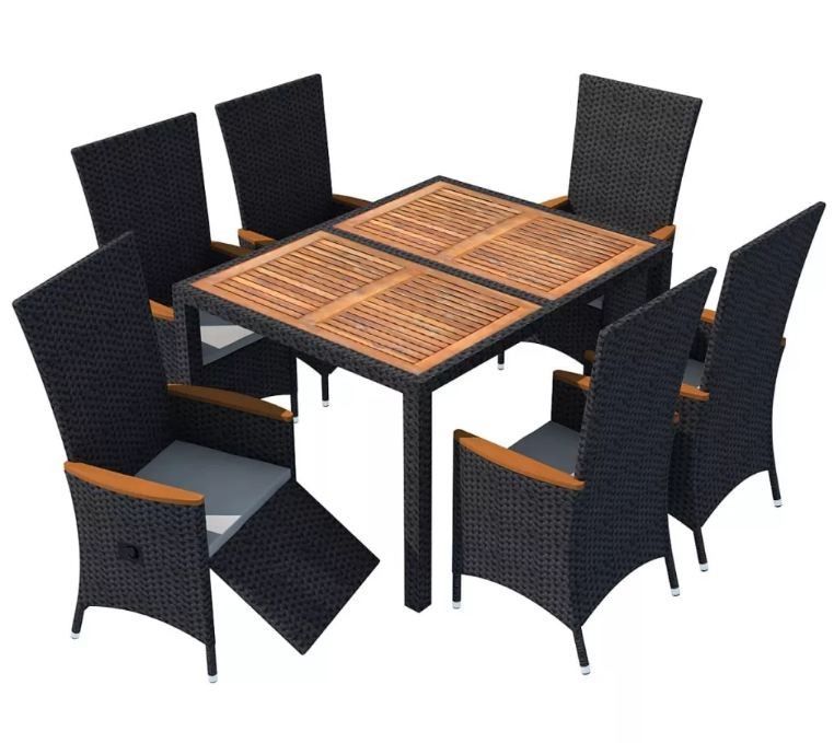 Table rectangulaire et 6 chaises de jardin métal et résine tressée noir Mae - Photo n°1