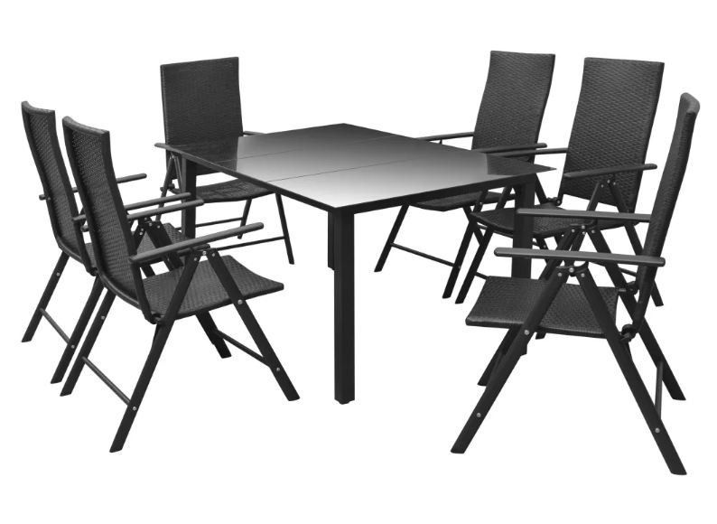 Table rectangulaire et 6 chaises de jardin métal et résine tressée noir Van - Photo n°1