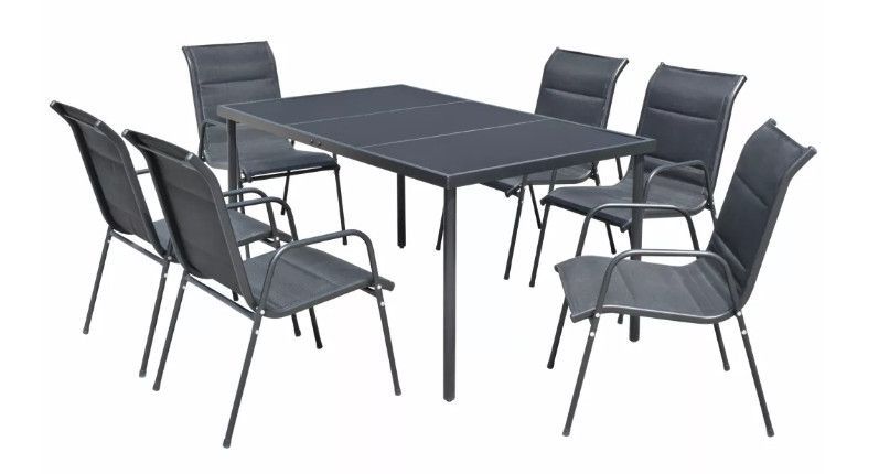 Table rectangulaire et 6 chaises de jardin métal et tissu noir Mahe - Photo n°1
