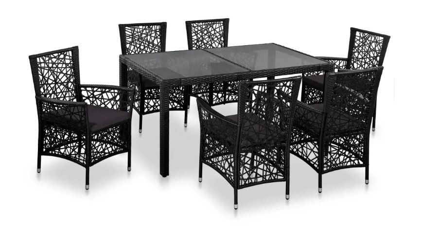 Table rectangulaire et 6 chaises de jardin résine tressée noir coussins gris Kaila - Photo n°1