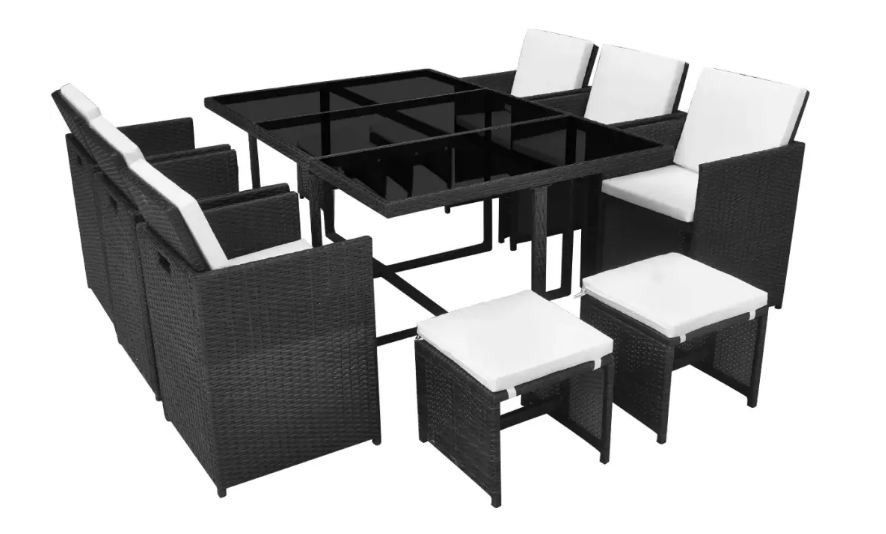 Table rectangulaire et 6 chaises de jardin résine tressée noir Iris - Photo n°1