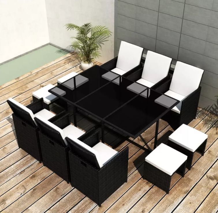 Table rectangulaire et 6 chaises de jardin résine tressée noir Iris - Photo n°2
