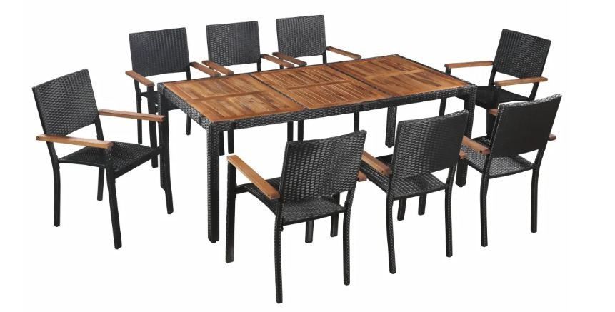 Table rectangulaire et 8 chaises de jardin acacia clair et résine tressée Vidot 190 - Photo n°1