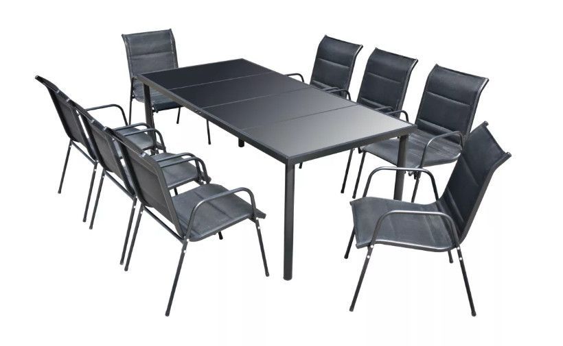 Table rectangulaire et 8 chaises de jardin métal et tissu noir Mahe - Photo n°1