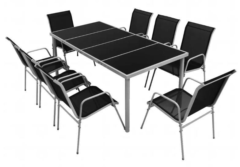 Table rectangulaire et 8 chaises de jardin métal gris et noir Bachra - Photo n°1