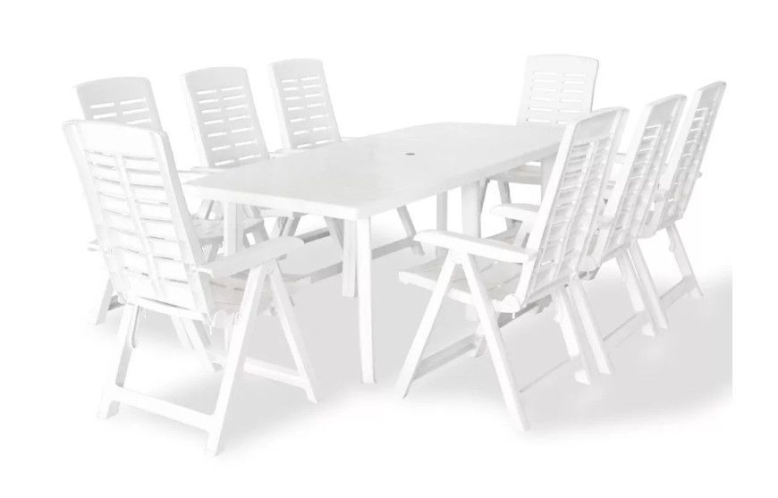 Table rectangulaire et 8 chaises de jardin plastique blanc Camille - Photo n°1