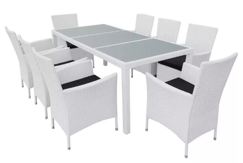 Table rectangulaire et 8 chaises de jardin résine tressée blanc Mik - Photo n°1