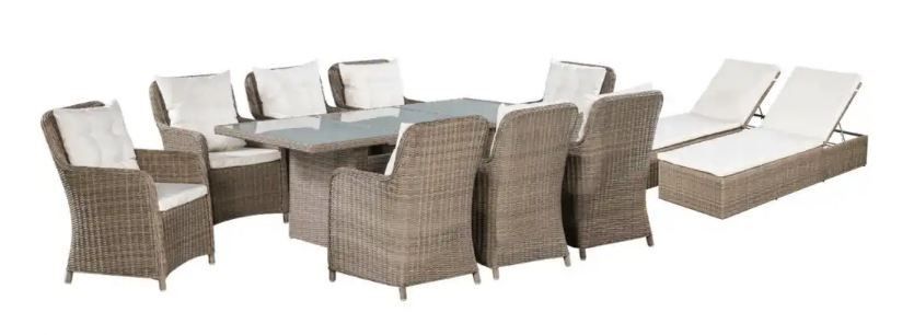 Table rectangulaire et 8 chaises de jardin résine tressée marron coussins blanc Chaz 2 - Photo n°1