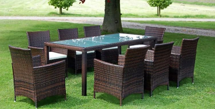Table rectangulaire et 8 chaises de jardin résine tressée marron Mik - Photo n°2