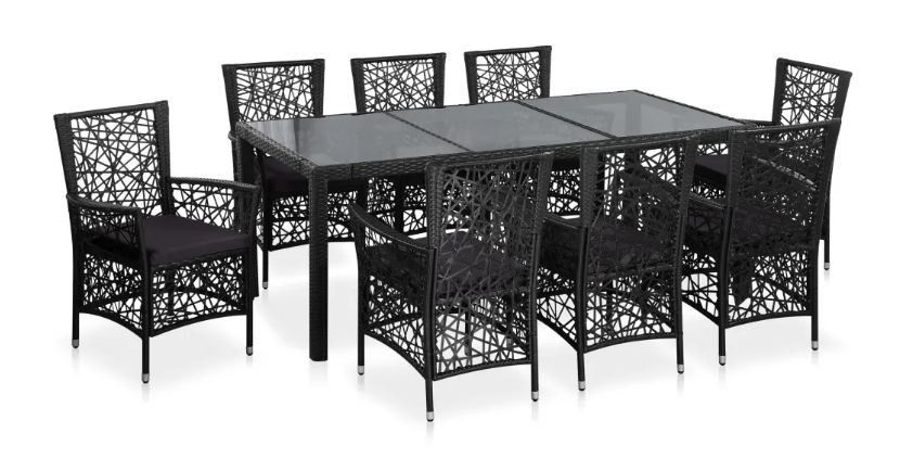 Table rectangulaire et 8 chaises de jardin résine tressée noir coussins gris Kaila - Photo n°1