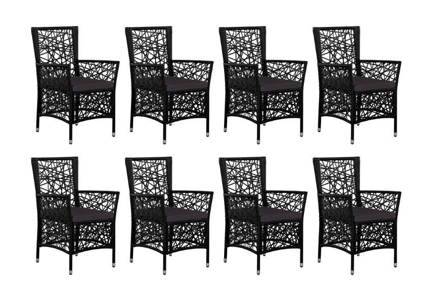 Table rectangulaire et 8 chaises de jardin résine tressée noir coussins gris Kaila - Photo n°3