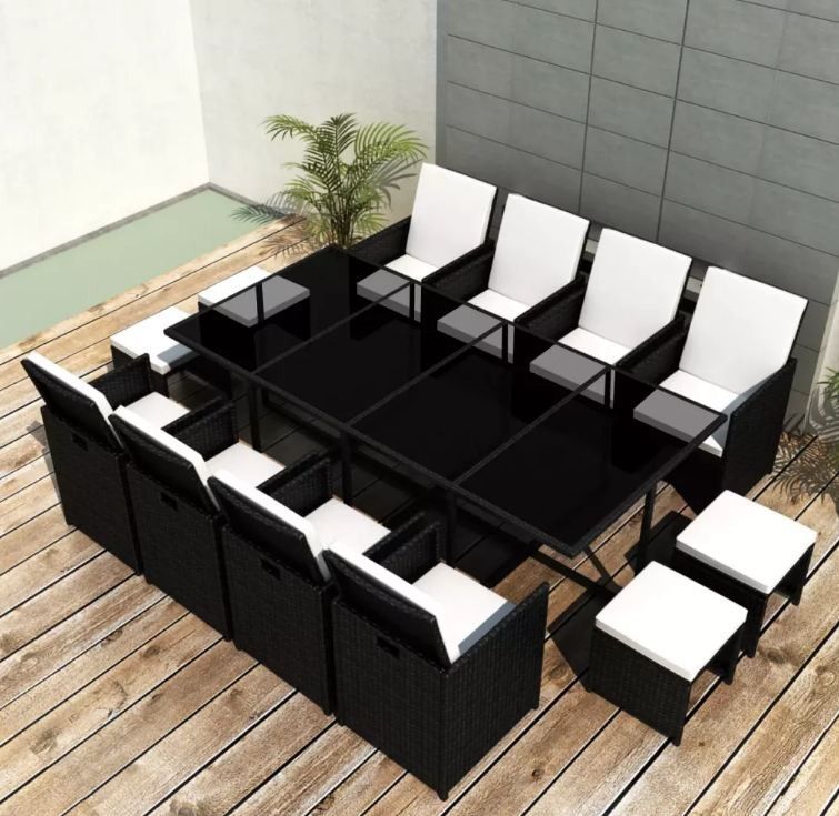 Table rectangulaire et 8 chaises de jardin résine tressée noir Iris 2 - Photo n°2