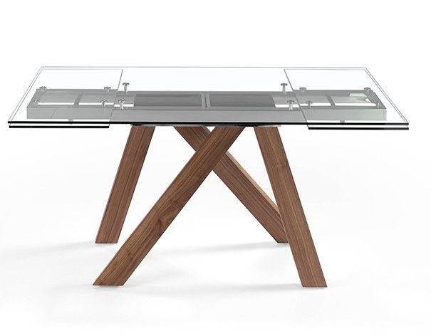 Table rectangulaire extensible 160/200/240 cm verre trempé et pieds bois noyer Lokaz - Photo n°3