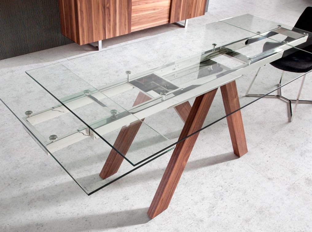 Table rectangulaire extensible 160/200/240 cm verre trempé et pieds bois noyer Lokaz - Photo n°4