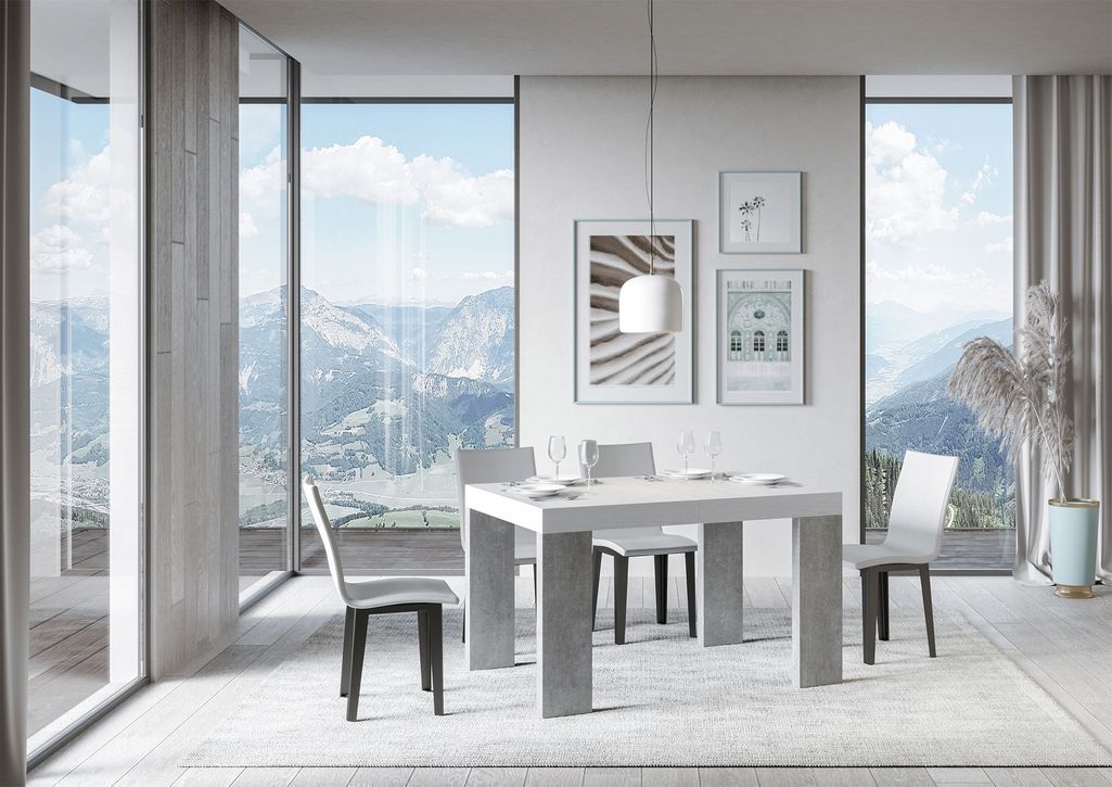 Table rectangulaire extensible blanche et pieds bois gris béton 4 à 10 personnes L 130 à 234 cm Ribo - Photo n°3
