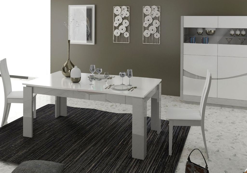 Table rectangulaire extensible bois laqué blanc et gris Ravi - Photo n°3