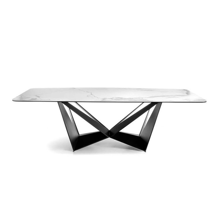 Table rectangulaire plateau en céramique grés marbré et pieds acier noir Trypa 220 cm - Photo n°6