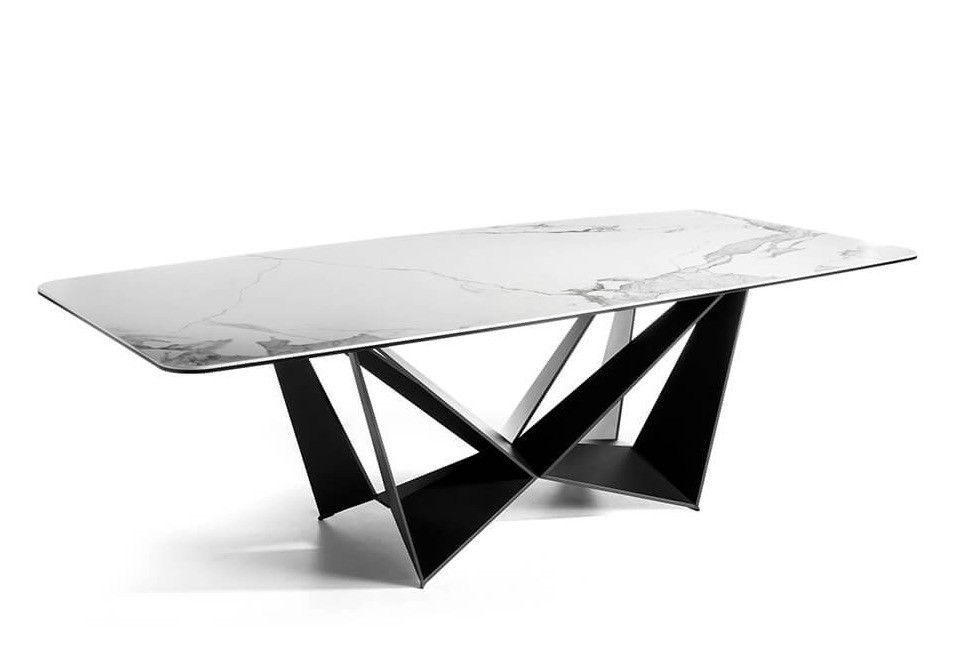 Table rectangulaire plateau en céramique gris marbré et pieds acier noir Trypa 260 cm - Photo n°1