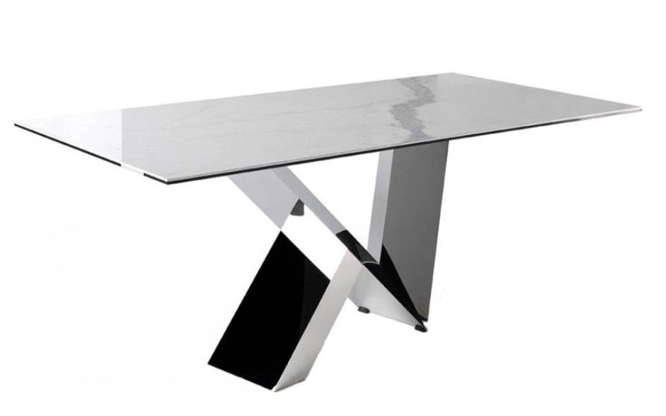 Table rectangulaire verre trempé effet marbre et acier inoxydable Futura 180 cm - Photo n°1