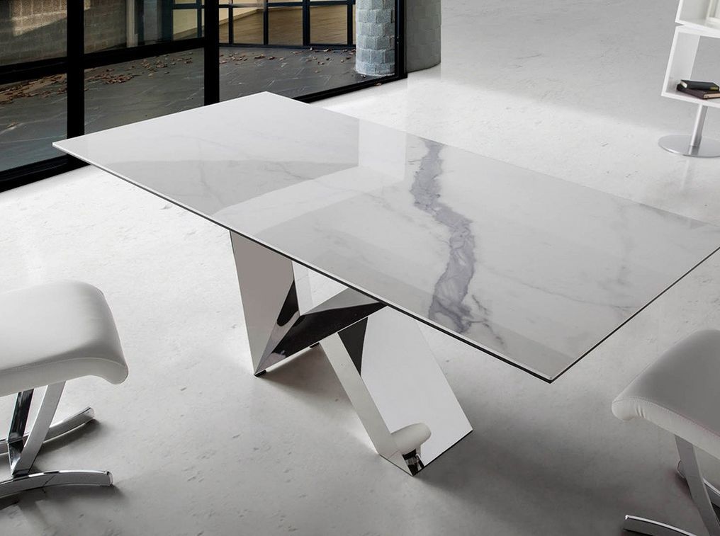 Table rectangulaire verre trempé effet marbre et acier inoxydable Futura 180 cm - Photo n°3