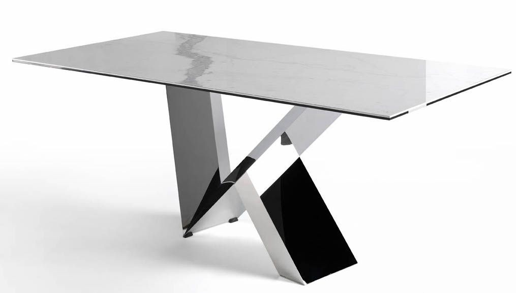 Table rectangulaire verre trempé effet marbre et acier inoxydable Futura 180 cm - Photo n°2