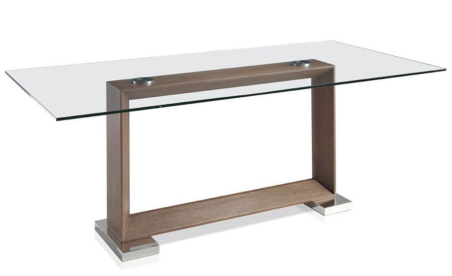 Table rectangulaire plateau verre trempé et pieds bois noyer Roka 200 cm - Photo n°1