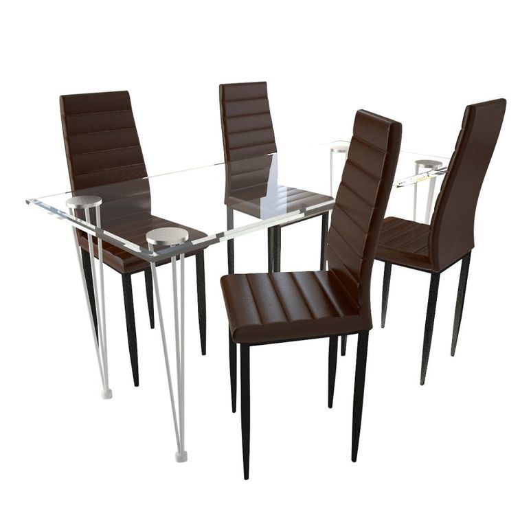 Table rectangulaire verre trempé et 4 chaises simili marron Blubo - Photo n°1