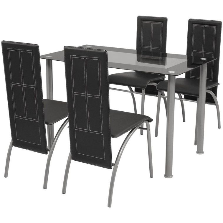 Table rectangulaire verre trempé noir et 4 chaises simili noir Vicka - Photo n°1