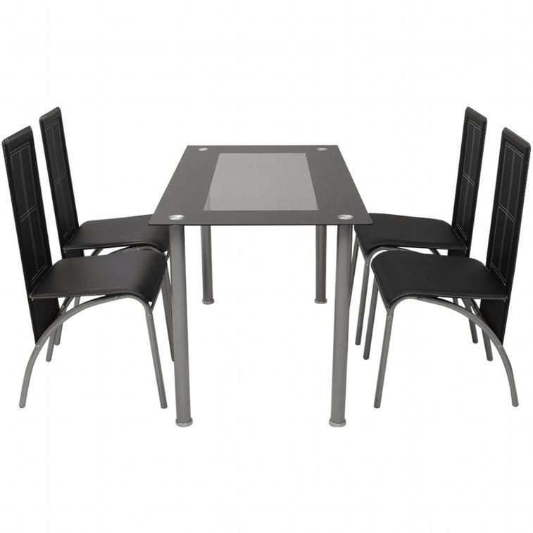 Table rectangulaire verre trempé noir et 4 chaises simili noir Vicka - Photo n°2