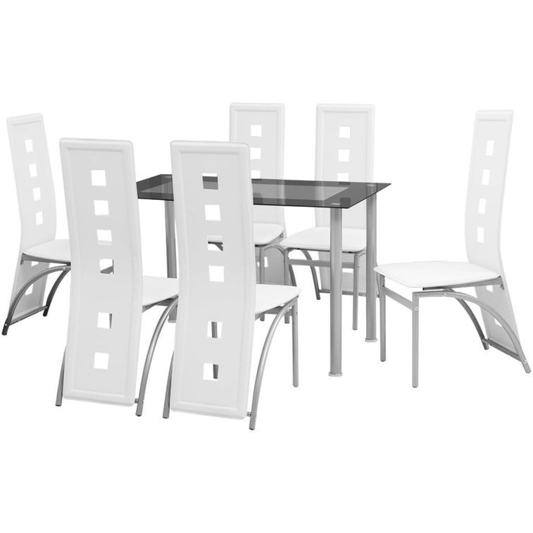Table rectangulaire verre trempé noir et 6 chaises simili blanc Vamier - Photo n°1