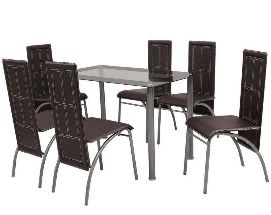 Table rectangulaire verre trempé noir et 6 chaises simili marron Vicka - Photo n°1