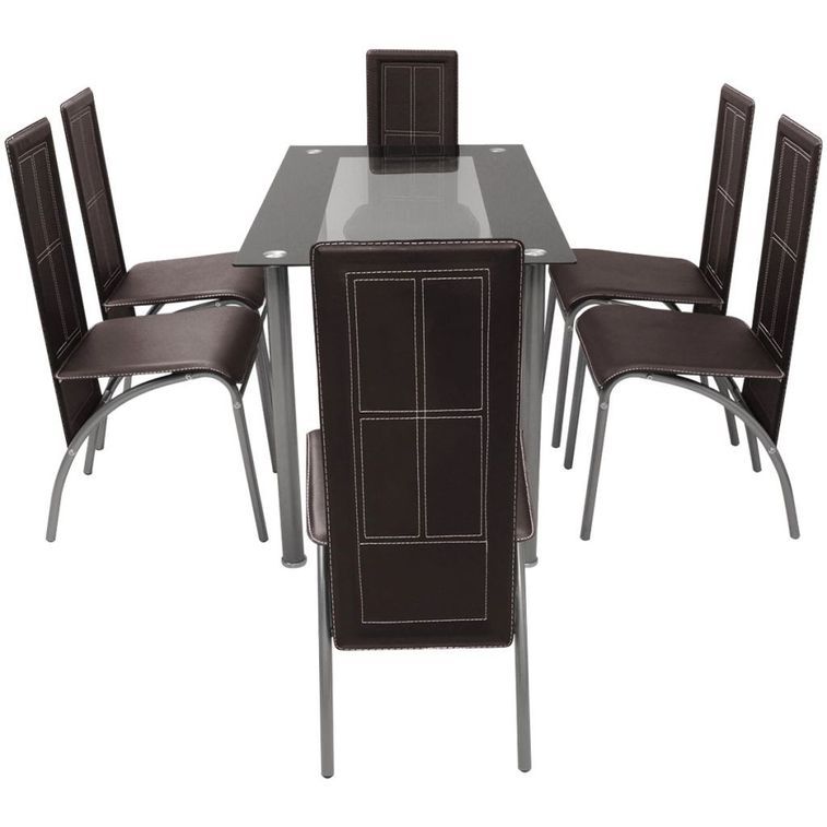 Table rectangulaire verre trempé noir et 6 chaises simili marron Vicka - Photo n°3